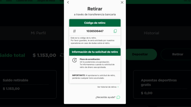 Confirmación de solicitud de retiro Bplay