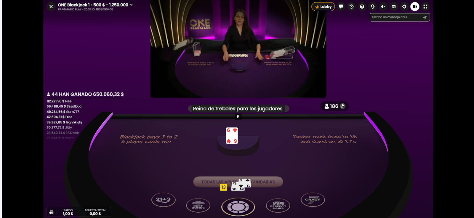 One Blackjack en BetWarrior con crupier femenina