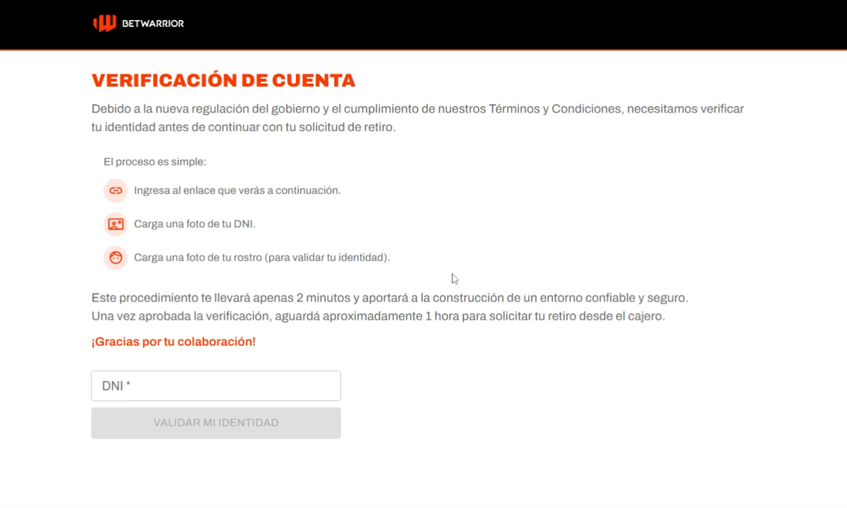 Verificación de cuenta BetWarrior