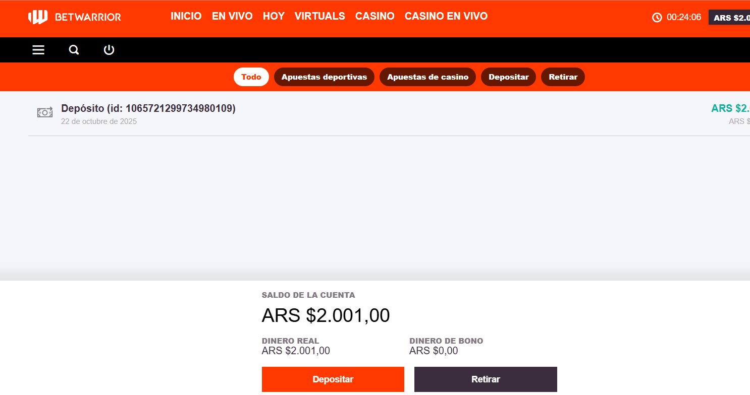 Sección retirar de BetWarrior