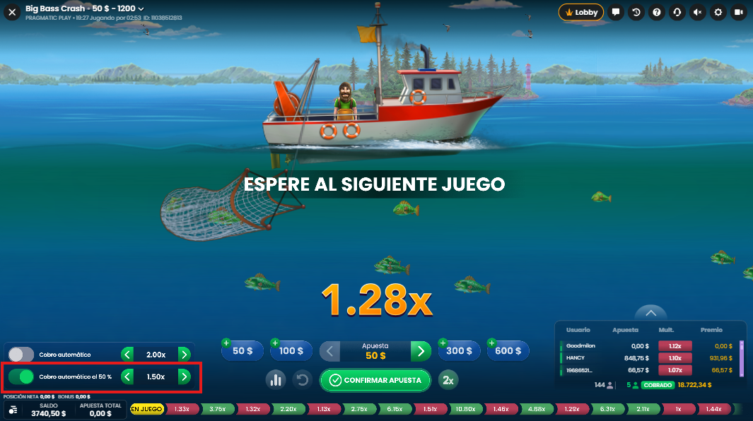 Big Bass Crash cobro automático al 50%