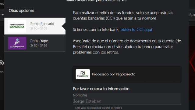 Retiro en casino online Betsafe 2