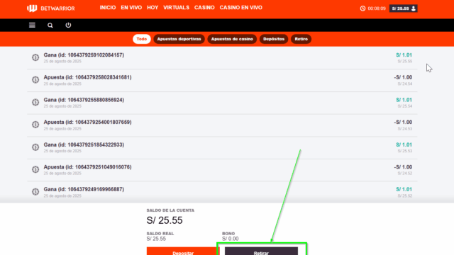 Retiro en casino online Betwarrior 1