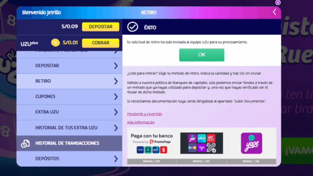 Retiro en casino online PlayUZU 2