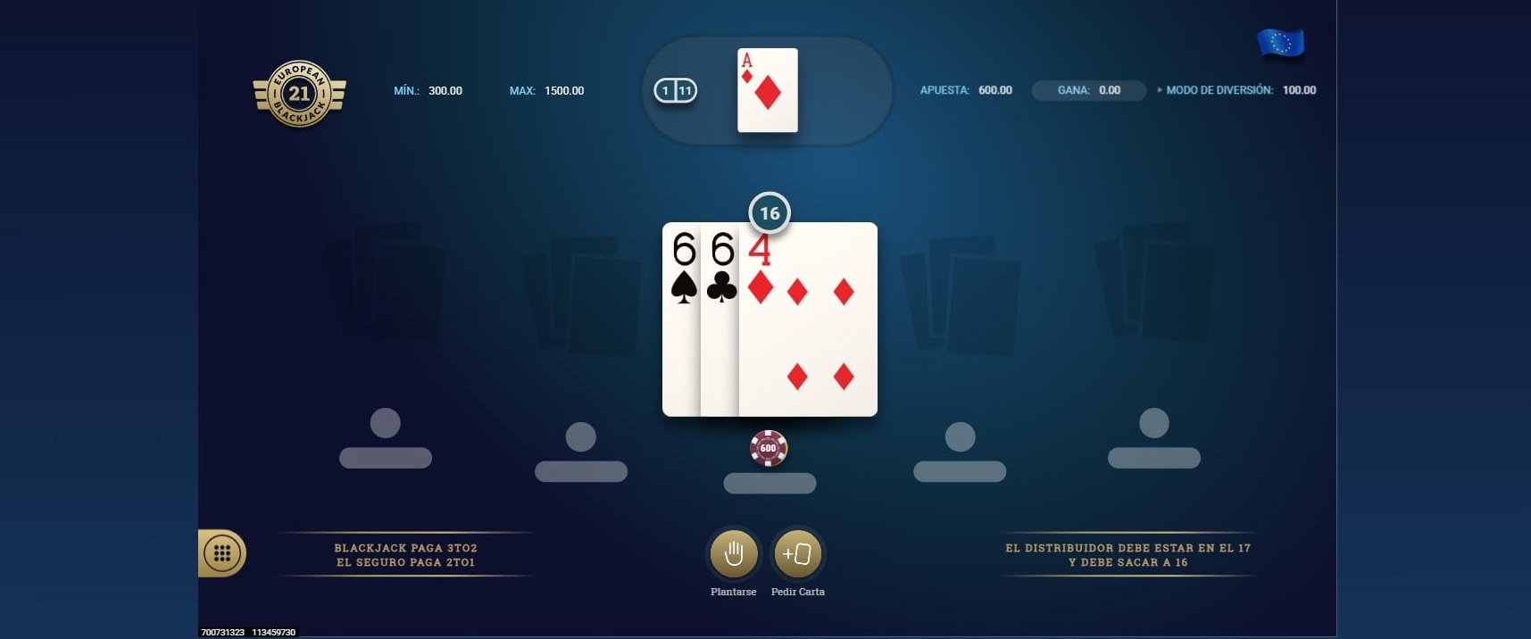 Pantallazo de Demo European Blackjack 21 en Casino PlayUZU