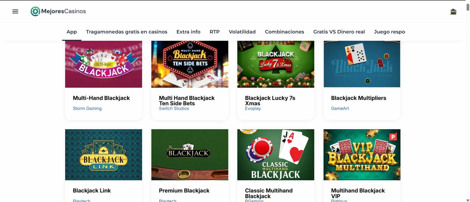 Paso 2.- Catálogo extenso de todo tipo de simuladores blackjack