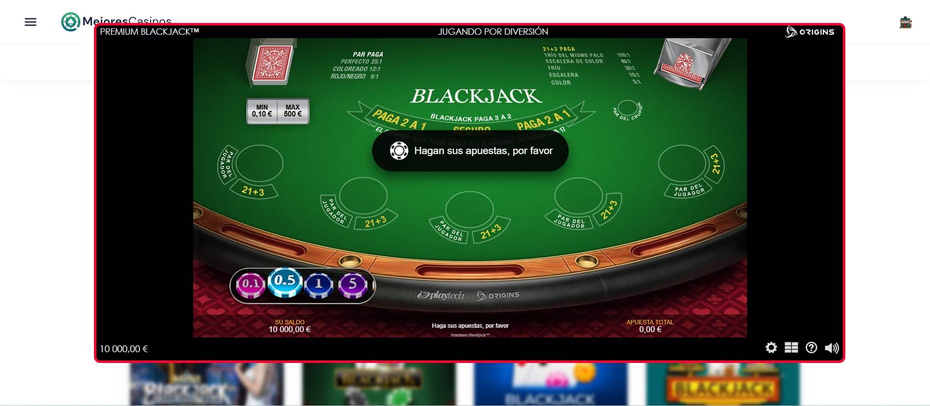 Paso 3.- Jugar a simulador de blackjack premium en mejorescasinos.es