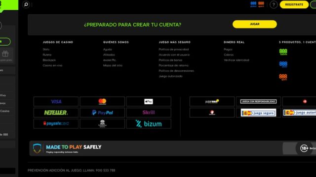 Métodos de pago y sellos de seguridad en la parte inferior de 888 Casino, incluyendo PayPal, Visa, MasterCard, y certificado de Juego Seguro.