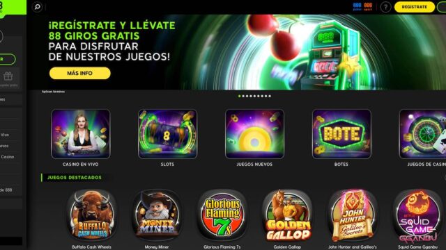 Vista del menú de juegos de 888 Casino con las categorías disponibles: slot, juegos de casino, casino en vivo y botes.