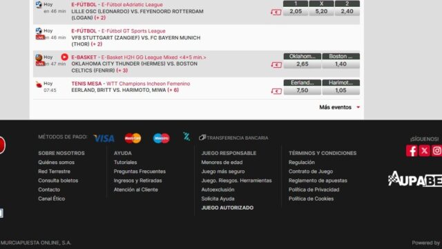 Métodos de pago y sellos de seguridad visibles en el pie de página del casino Aupabet.