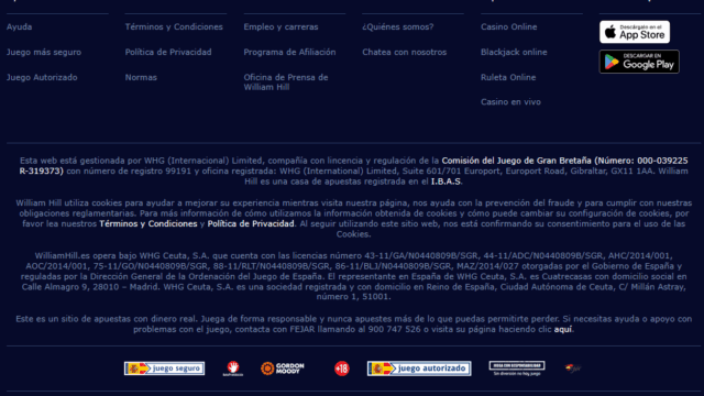 Parte inferior del sitio web de William Hill con sellos de juego seguro y métodos de pago