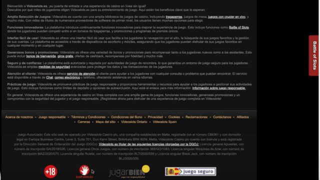 Sección de información sobre juego responsable en Videoslots Casino