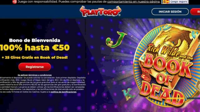 Oferta de bienvenida del 100% hasta 50 € y 25 giros gratis en PlayToro Casino