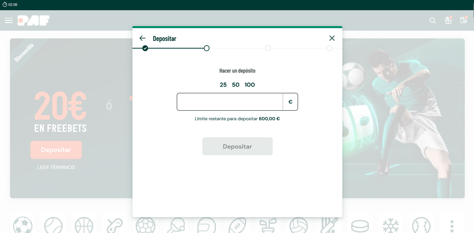 Introduciendo la cantidad a depositar con tarjeta MasterCard en el casino.