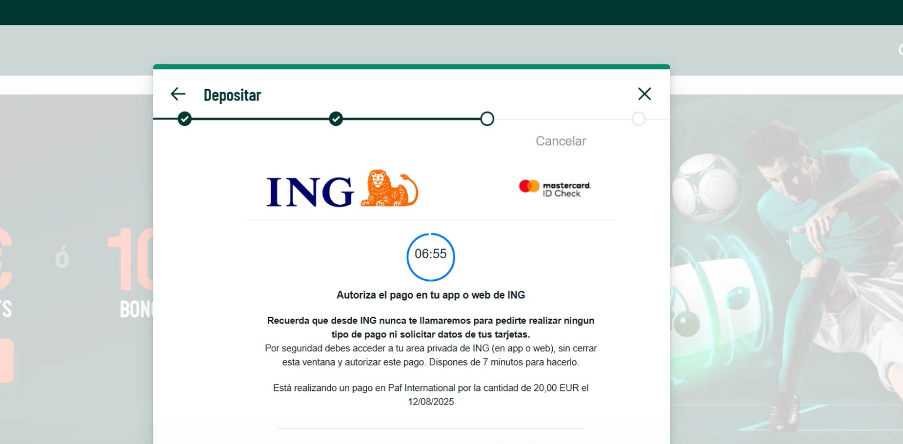Ventana emergente que muestra la autorización de mi banco para poder depositar con MasterCard en el casino.