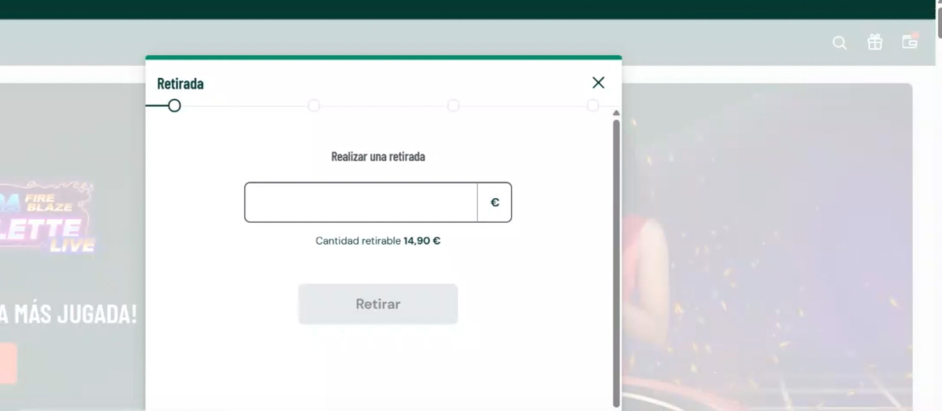 Introduzco la cantidad que deseo retirar con MasterCard de Paf casino.