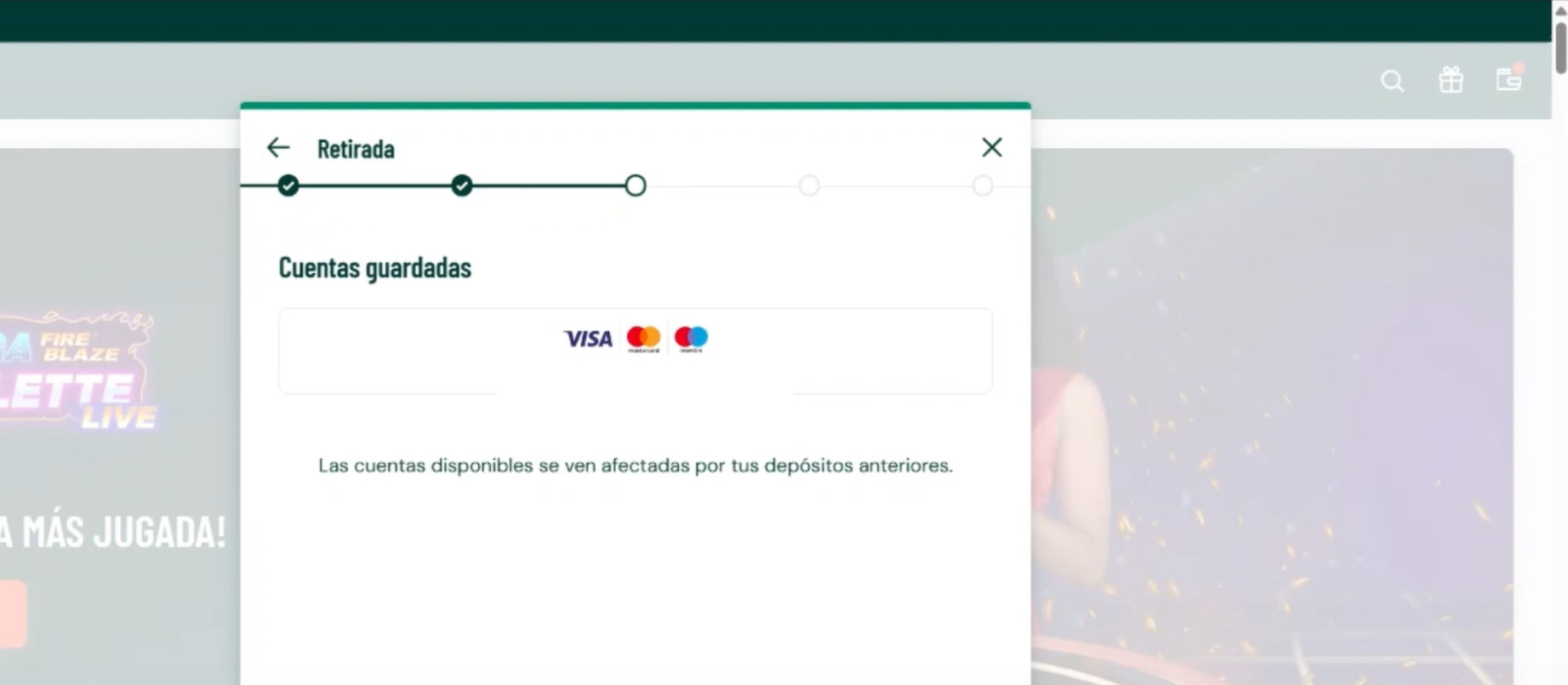 Métodos disponibles para retirar, incluyendo la tarjeta MasterCard con la que deposité.