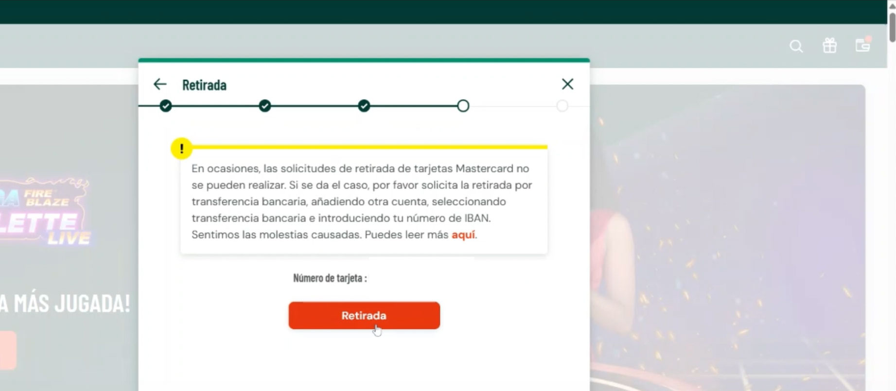 Texto informativo del operador sobre incompatibilidad de MasterCard con las retiradas.