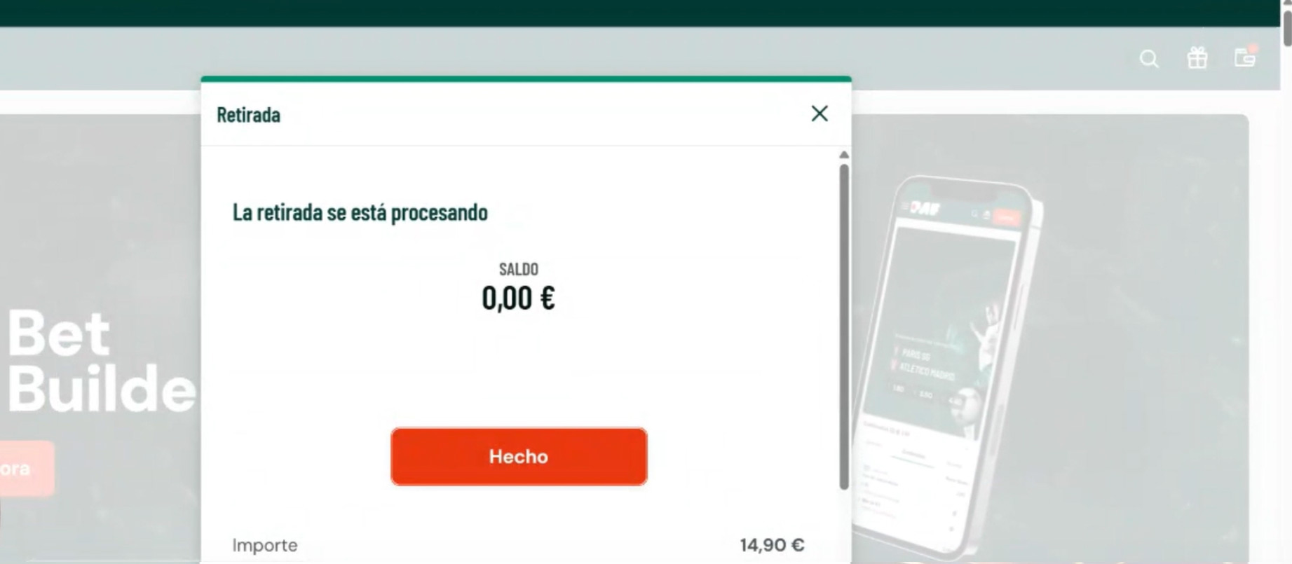 Venta que muestra que se ha efectuado la retirada con MasterCard en casino Paf.