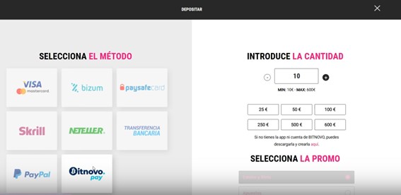 Seleccionar Bitnovo Pay como método de depósito en casino online