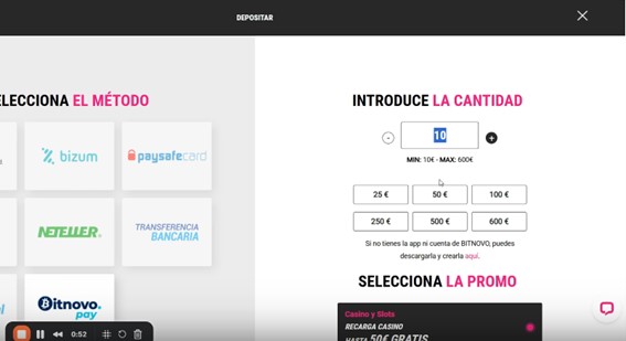Pantalla para indicar la cantidad a depositar en casino online