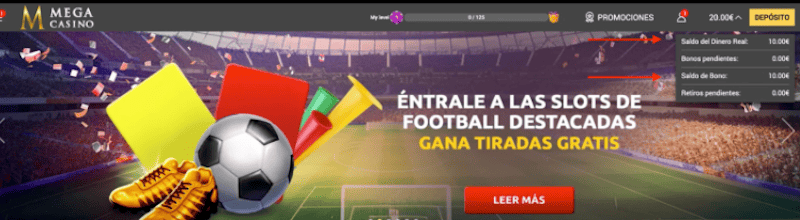 Banner de slots de fútbol con tiradas gratis en Mega Casino