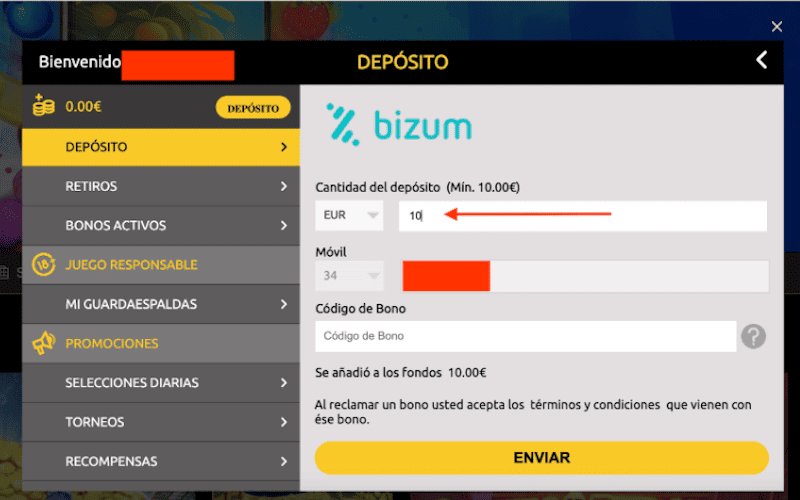 Pantalla para introducir cantidad de dinero con Bizum en casino online