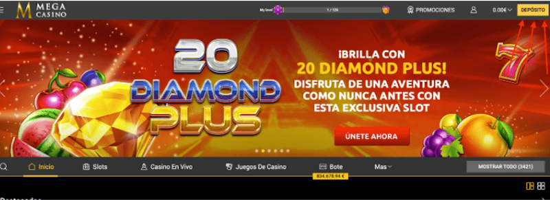 Banner promocional de la slot 20 Diamond Plus en Mega Casino