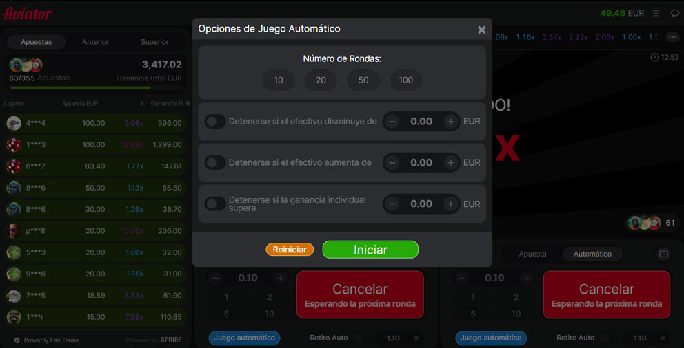 Opciones de personalización auto cash out en el juego crash Aviator
