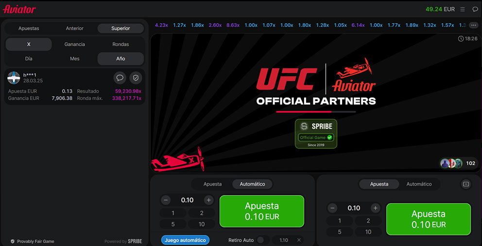 pantalla de inicio en el juego crash Aviator