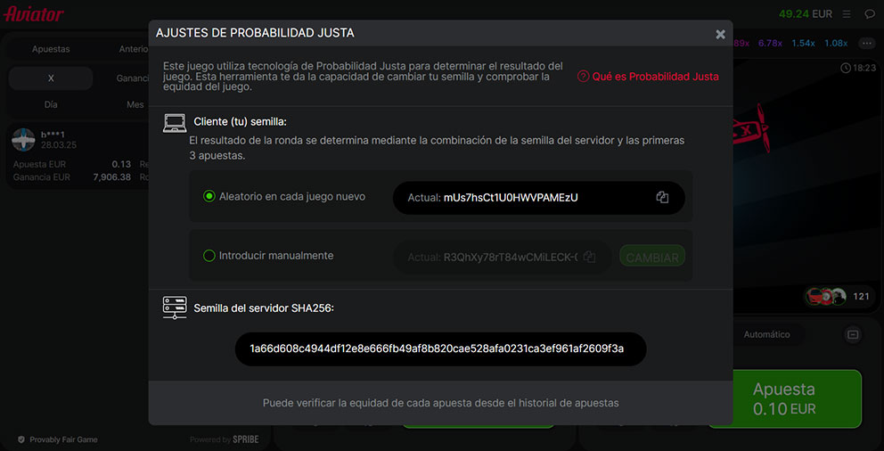 Provably Fair (provabilidad justa) desplegados en el crash game Aviator de Spribe