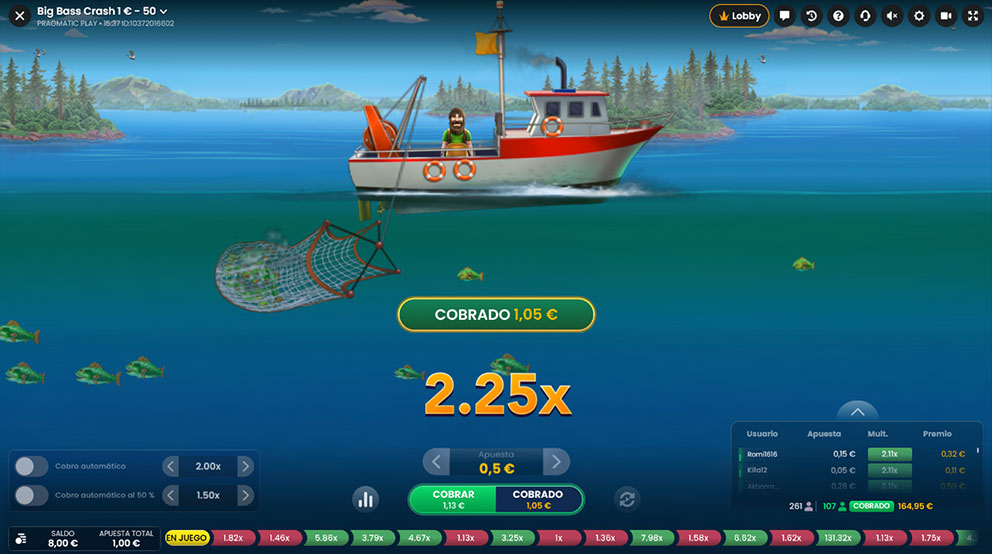 Cobrando la mitad de lo apostado al llegar al multiplicador X2 con la opción 50% Cash Out de Big Bass Crash