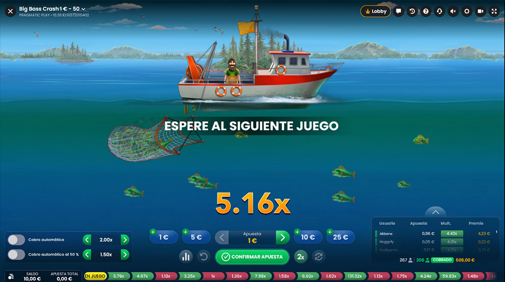 Así se ve la interfaz de Big Bass Crash mientras juegas por dinero real