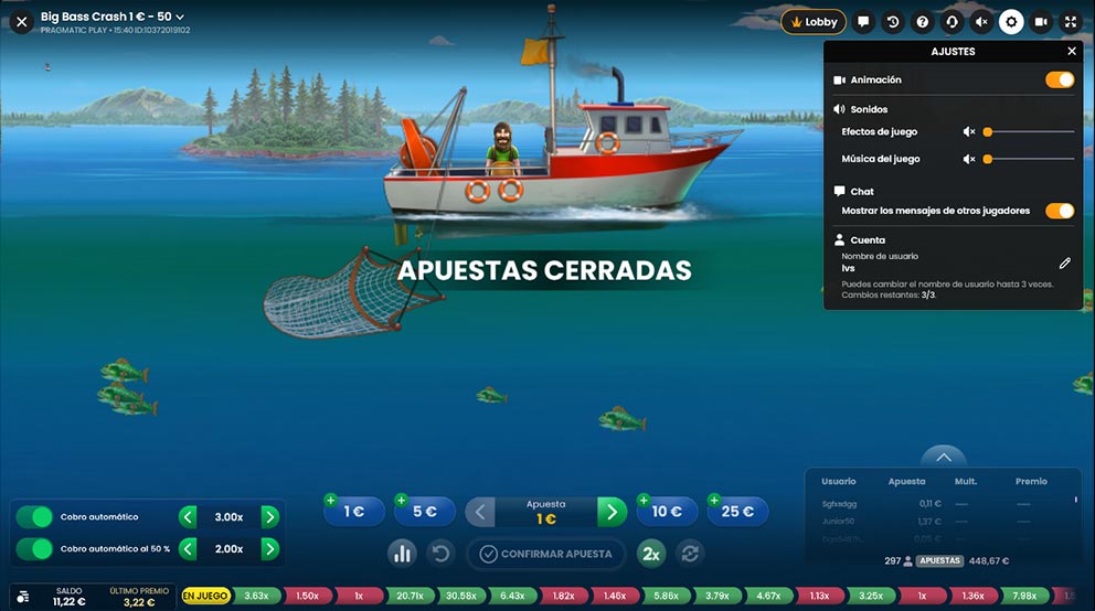 Configuración de Animación, Sonidos, Chat y Nombre de usuario desplegada para personalizar Big Bass Crash