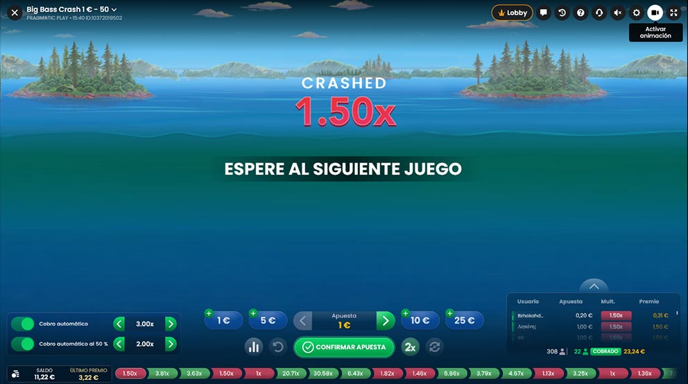 Cash ut Automático configurado para cobrar la mitad de la apuesta al llegar a X2 y el total al alcanzar X3 en Big Bass Crash