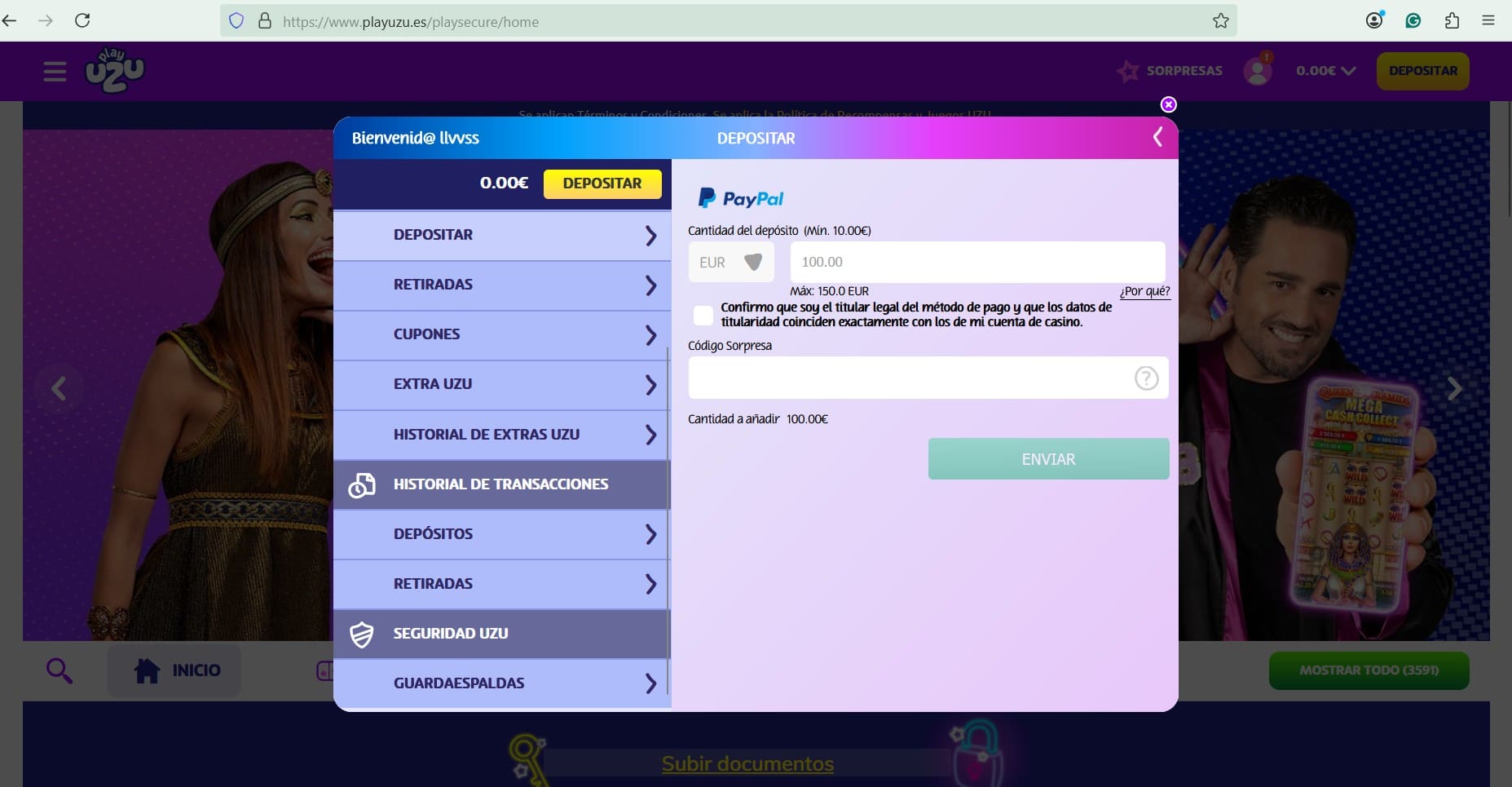 Depósito con PayPal en PlayUZU casino online
