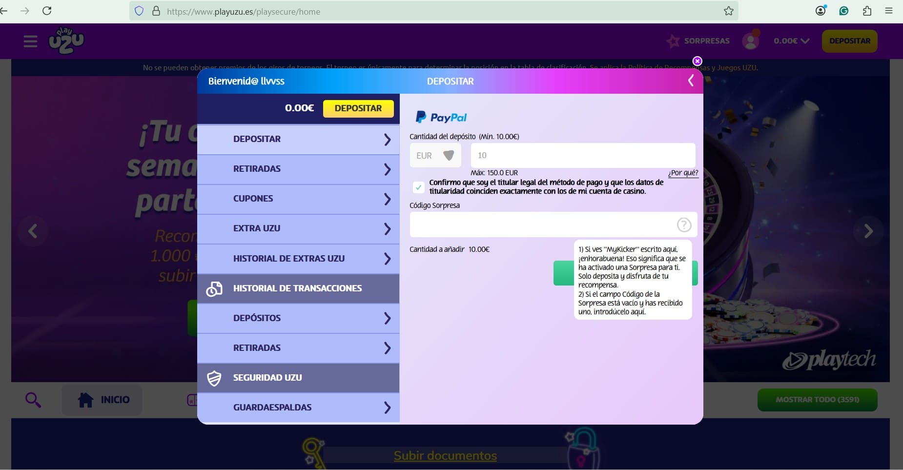 Pantalla para confirmar depósito con PayPal en casino online