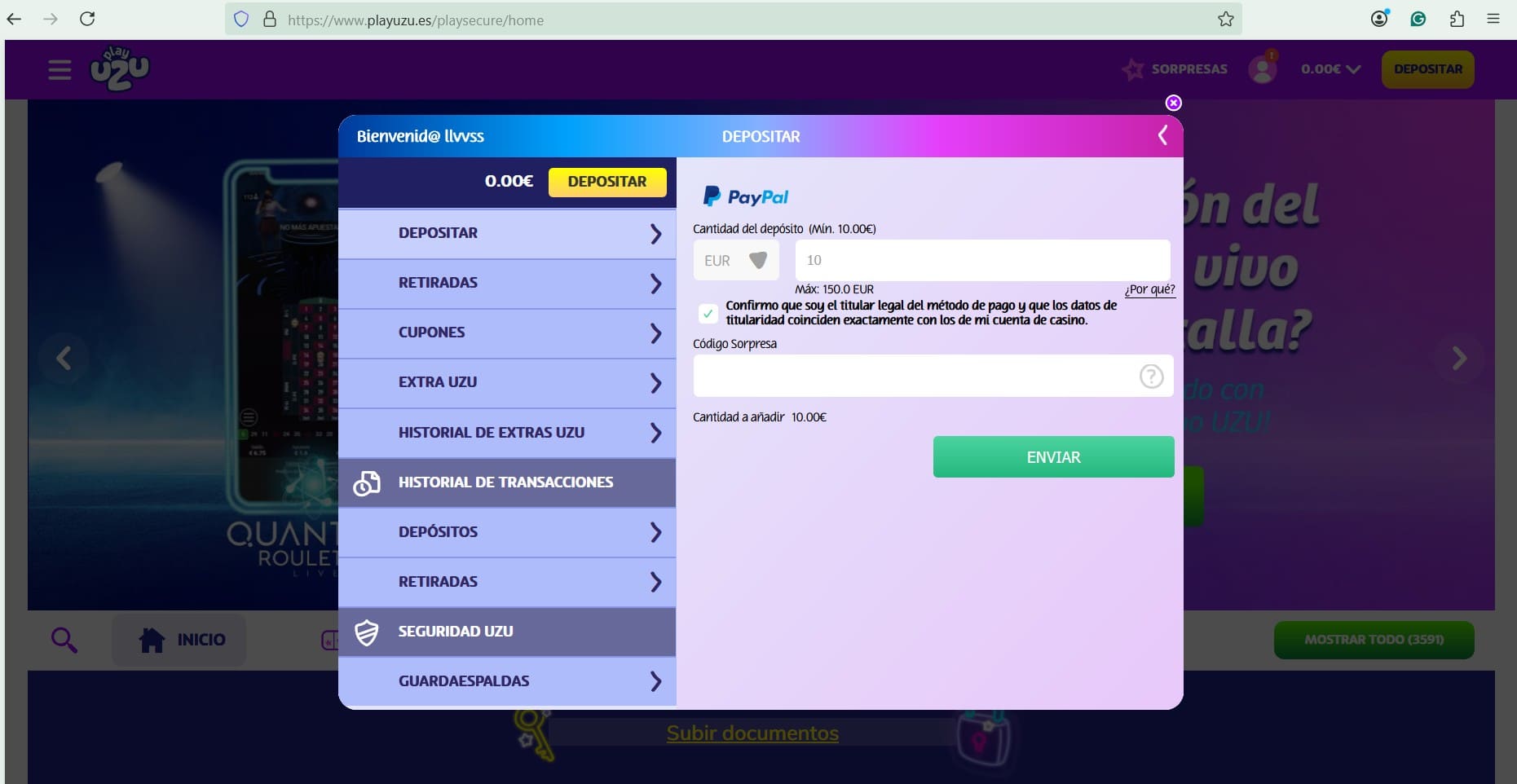 Pantalla para introducir cantidad con PayPal en PlayUZU