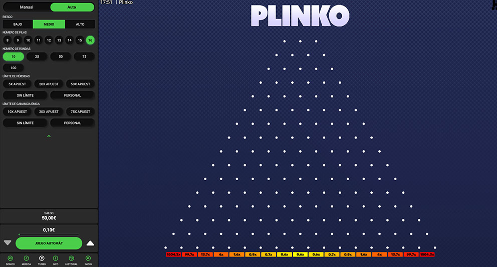 Opciones de configuración de apuesta en el juego crash Plinko Dare2win