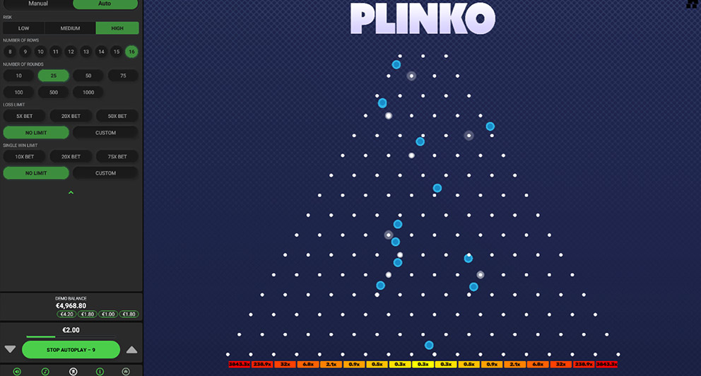Jugando 25 rondas en el juego crash Plinko Dare2win, con lo que las bolas coinciden a la vez en el tablero