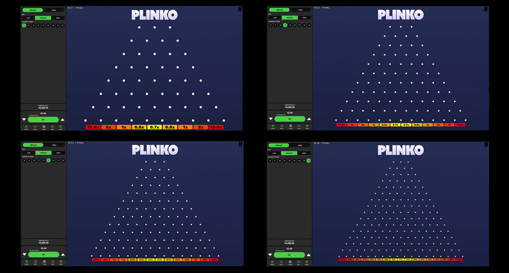 Distintas distribuciones según el número de líneas en el juego crash Plinko Dare2win