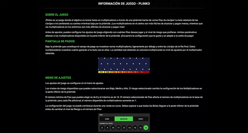 Desplegable con la información acerca de cómo funciona el juego crash Plinko Dare2win