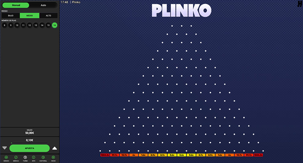 Pantalla de inicio en el juego crash Plinko Dare2win