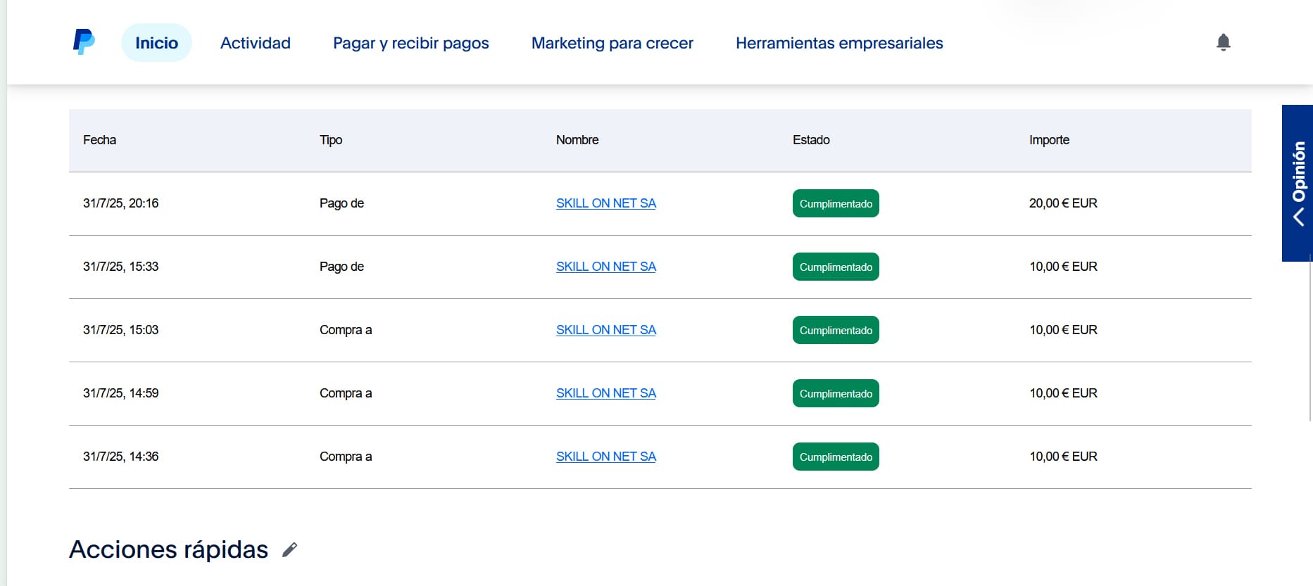 Captura de movimientos con PayPal hechos en PlayUZU en la cuenta de PayPal