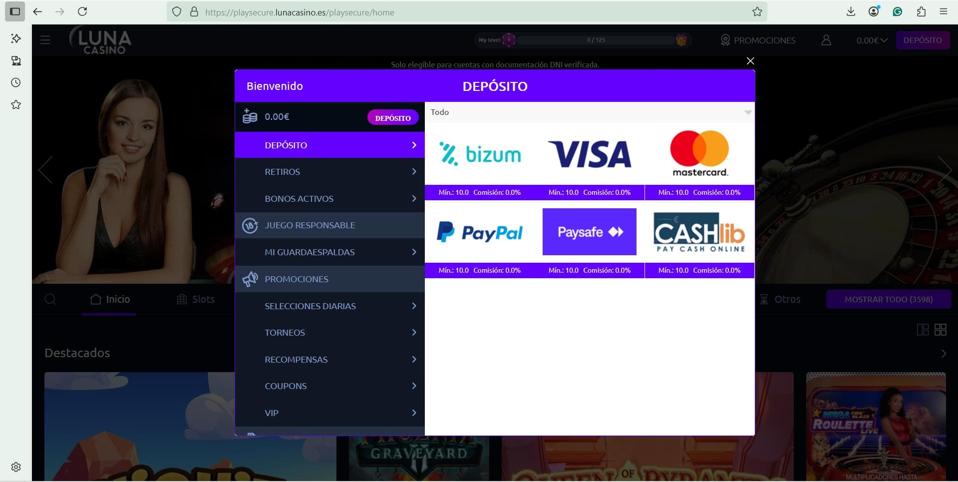 Sección de depósitos y métodos de pago en PlayUZU casino online