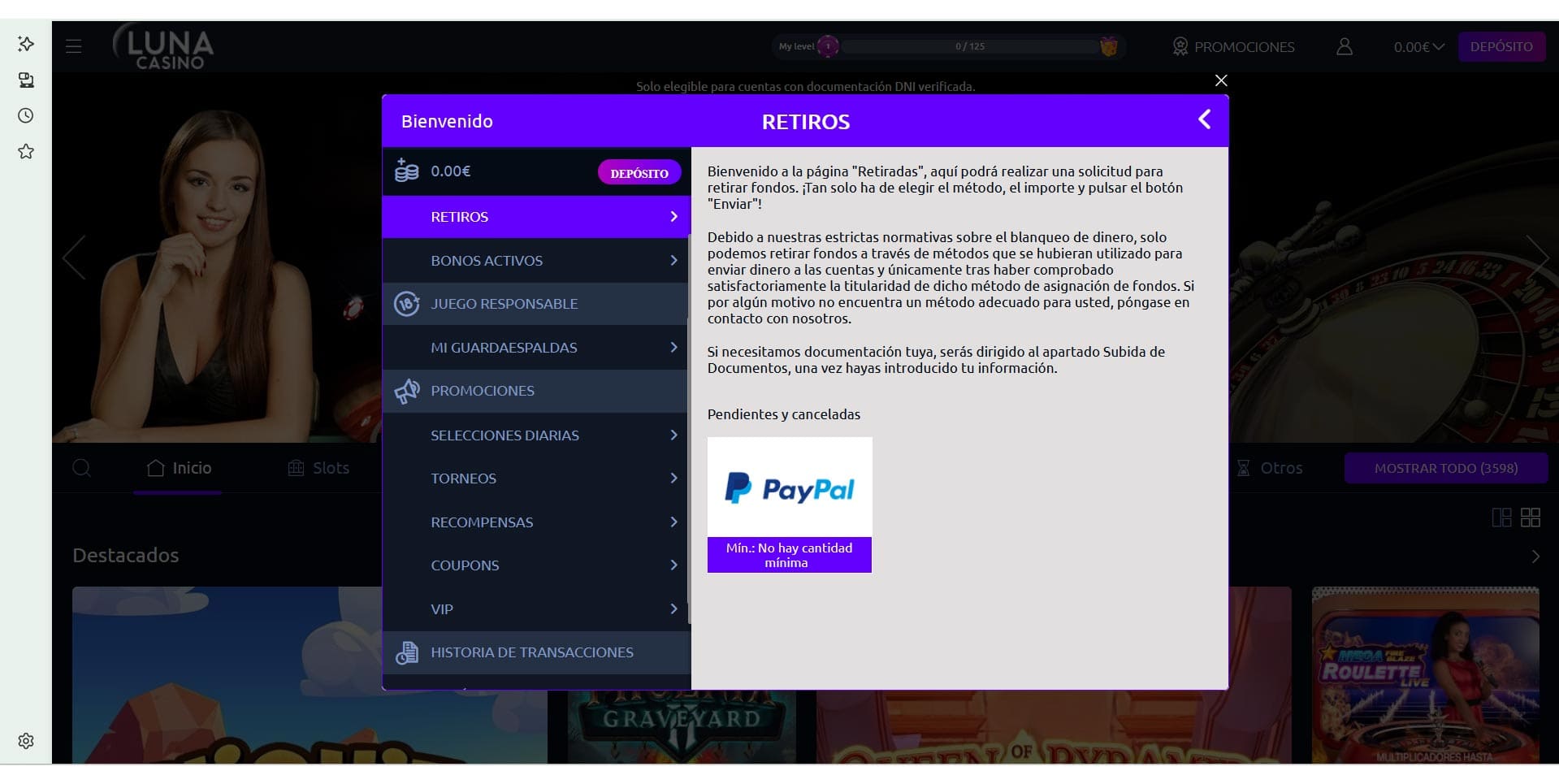 PayPal seleccionado como método de retiro en casino online