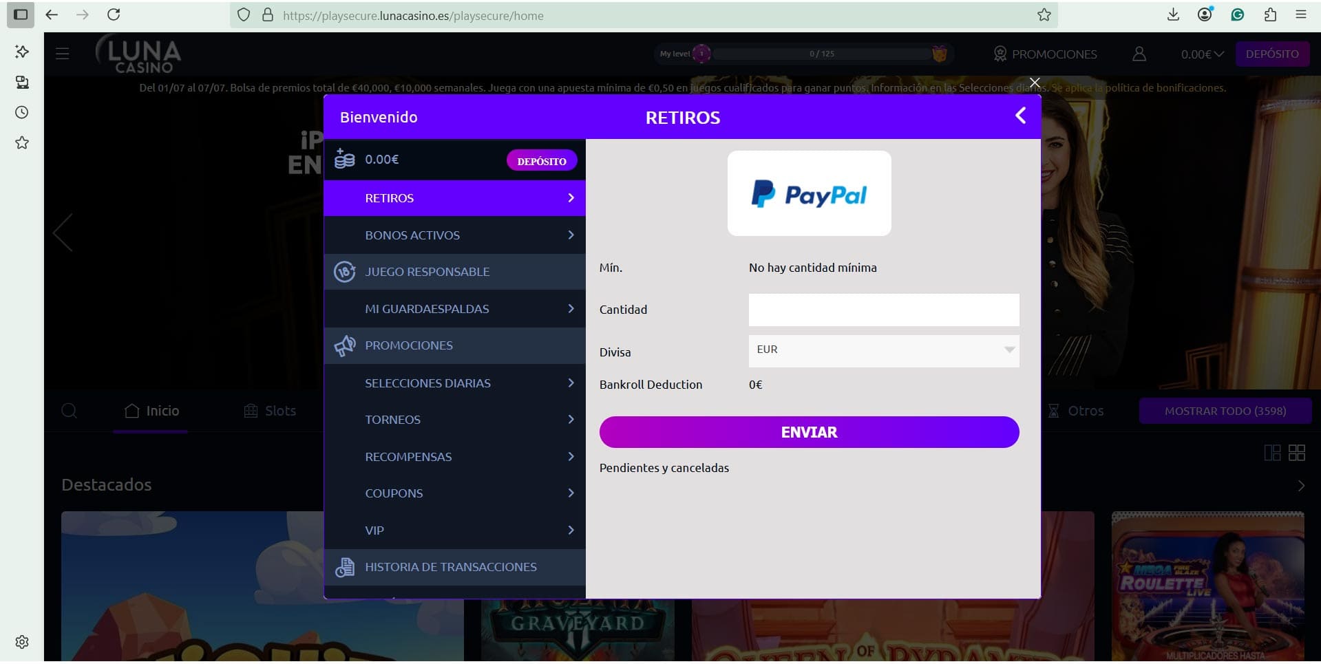 Indicar cantidad a retirar con PayPal en casino online