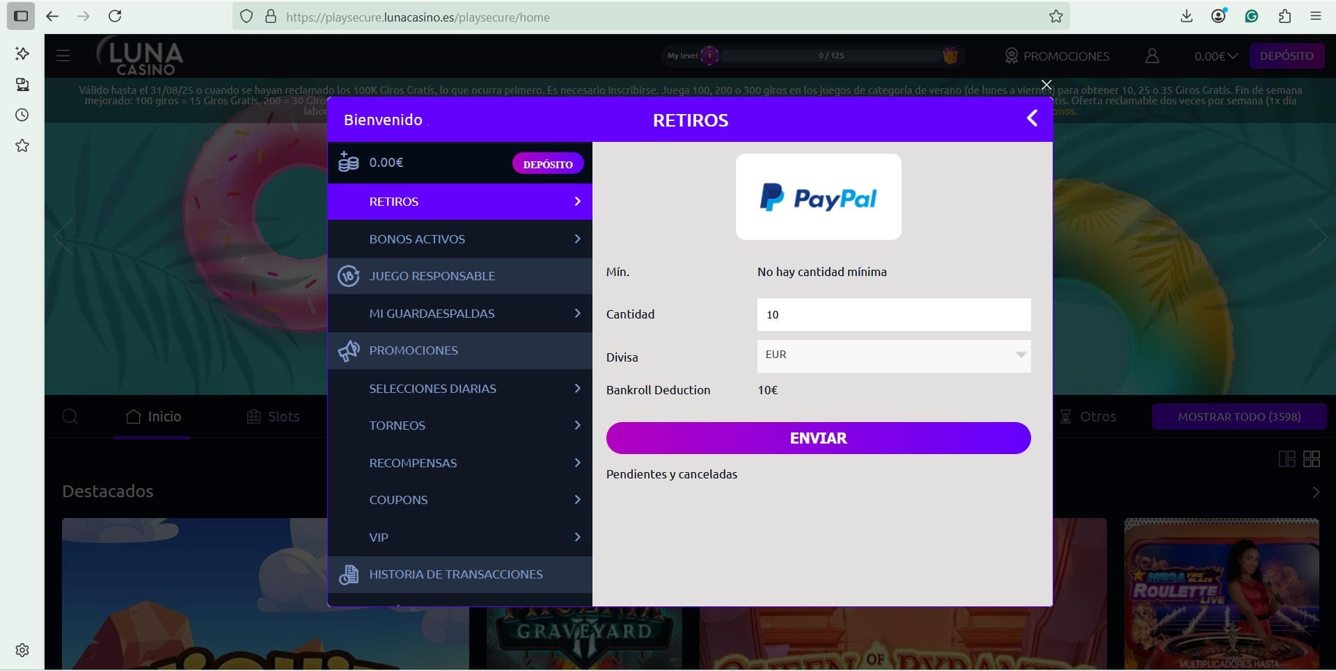 Pantalla para confirmar la transacción en casino online