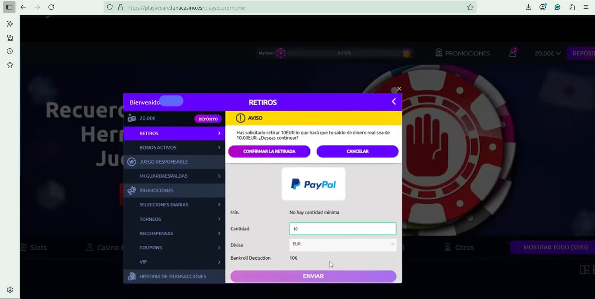 Verificar retiro realizado con PayPal en casino online