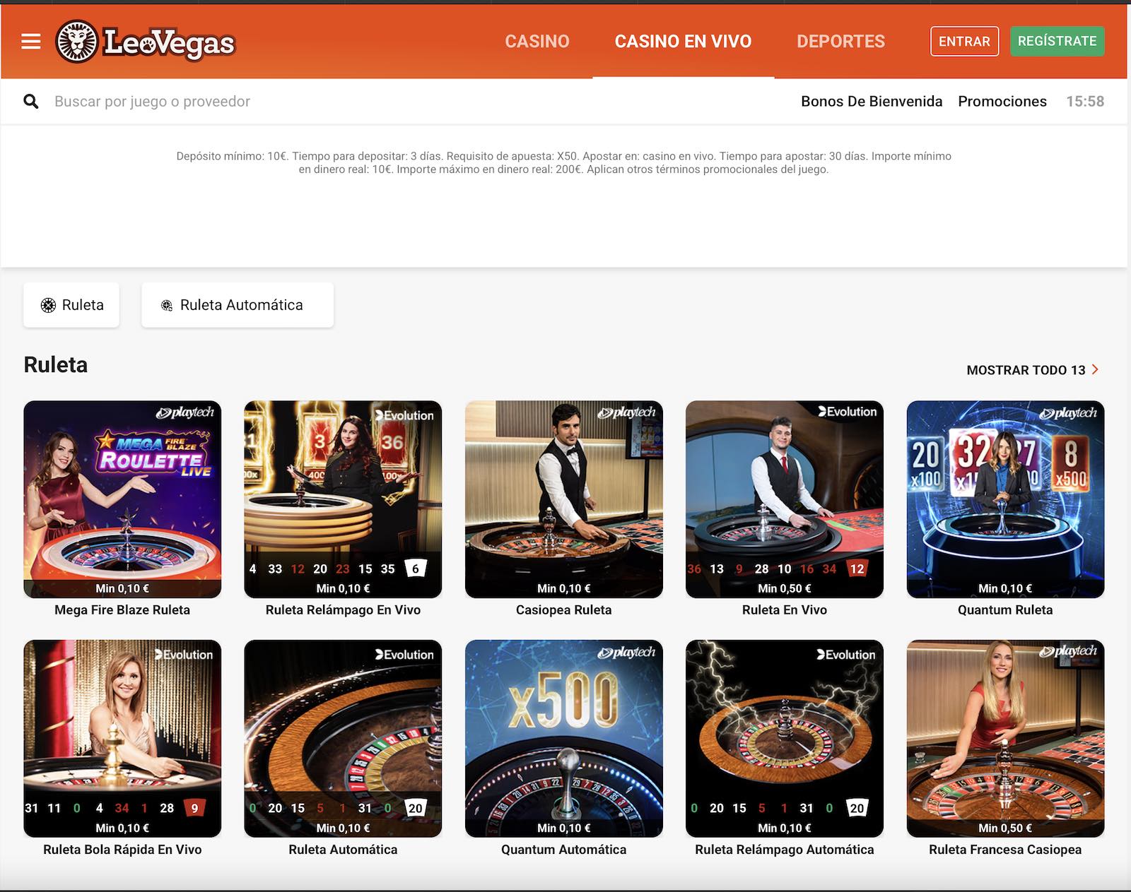 Ruleta En Vivo na Leo Vegas